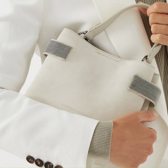 Brunello Cucinelli Essence Bag Small Ivory Suede Top Handle Monili Crossbody New - Picture 1 of 11